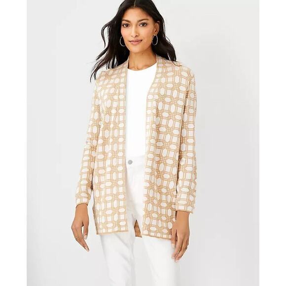 Ann Taylor Rattan Print Open Front Cardigan Sweater in Gold and Cream Size XL - Picture 1 of 9